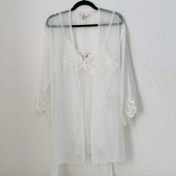 VTG Oscar de la Renta Pink Label Chemise Slip Gown & Robe M Sheer White Bridal - Picture 2 of 16